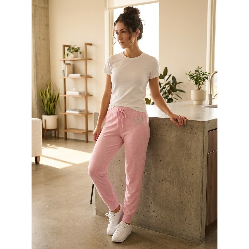 Juicy Couture Pink Bubble Terry Cloth Jogger Pants Silver Crest Logo NWT Medium